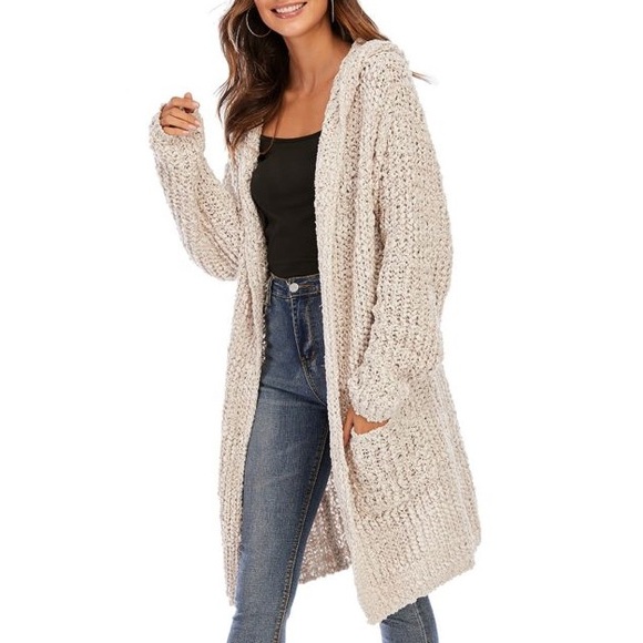 CGYY Chunky Knit Hooded Open Front Cardigan Sweater Cream Oversized Cozy Boho - Picture 3 of 11